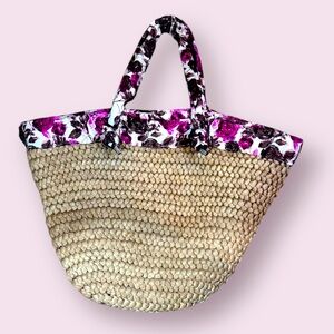 Mural Floral Trimmed Wicket Large Tote Beach Bag